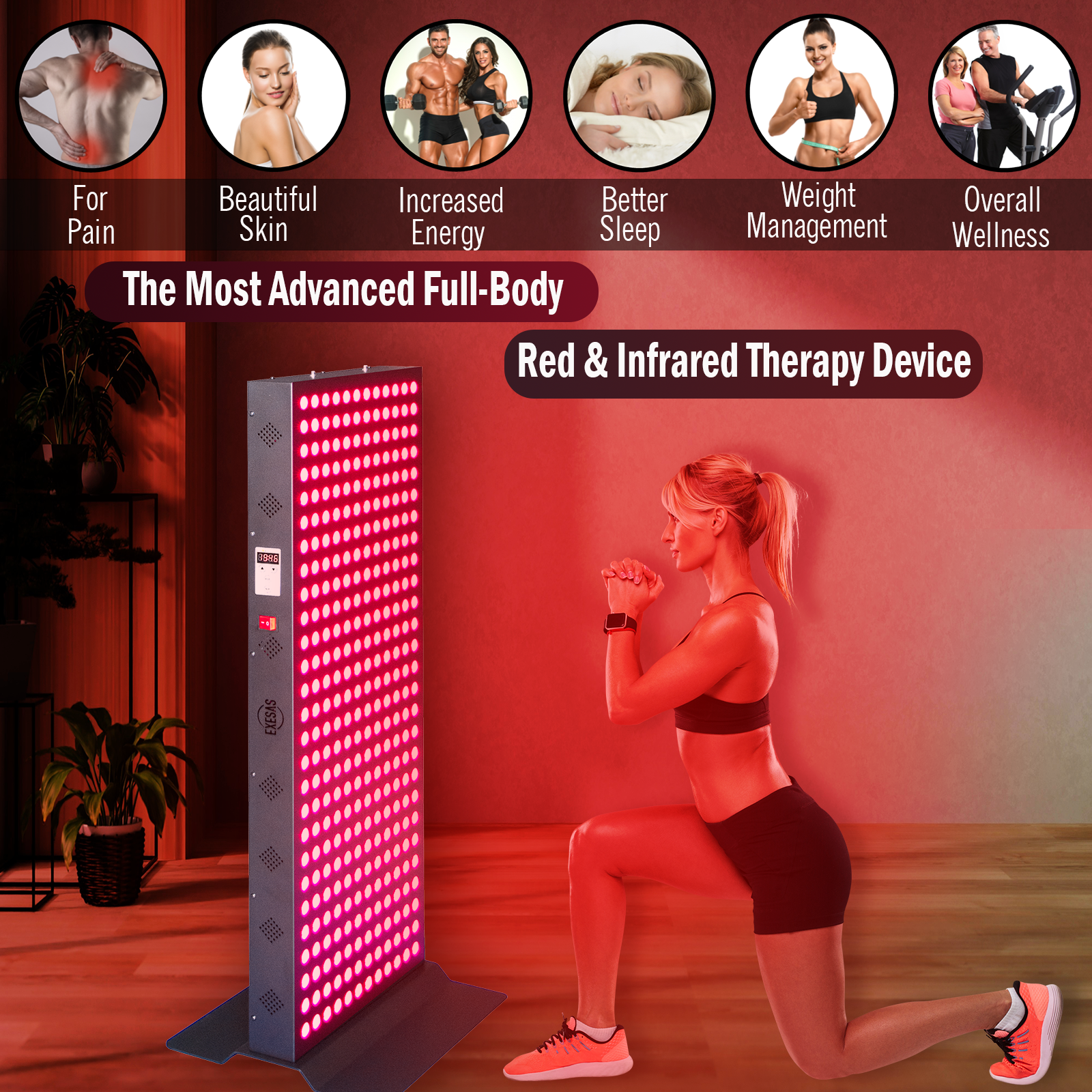 EXESAS 324 LED, 1620W Dual-Chip, Red Light Therapy Device for Full Body, 4-Wavelengths Infrared LED Panel for Skin, Weight, Pain, Wellness